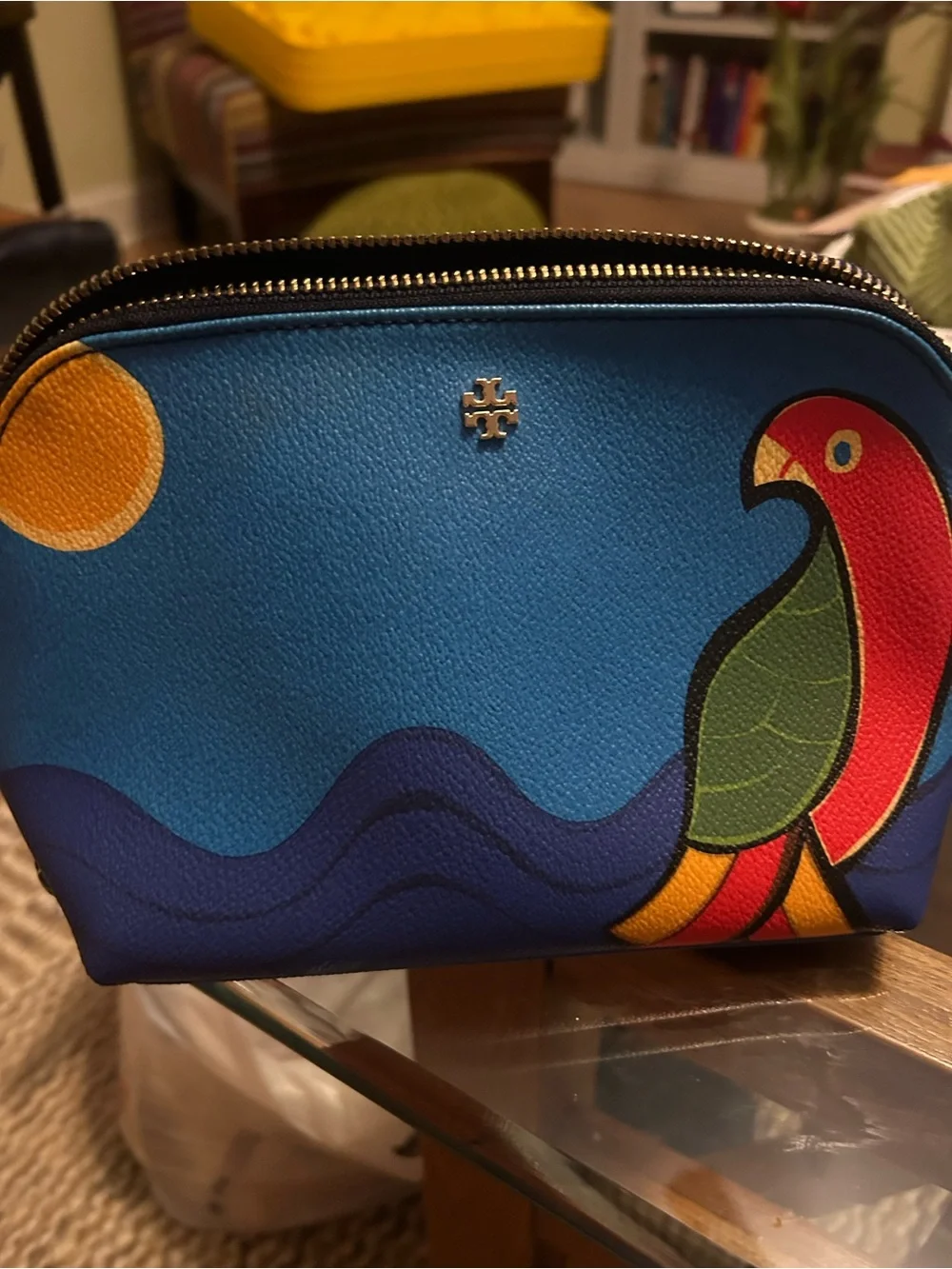 Tory Burch Blue Parrot Printed Cosmetic Pouch
